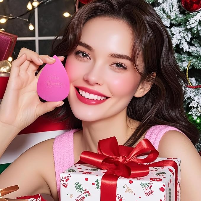 Real Perfection Makeup Sponge Set Blender Sponges, Latex-Free Beauty Makeup Sponges 7 pcs with 1 Travel Container Case for Blending Foundation Liquid Cream and Powder (Pink)