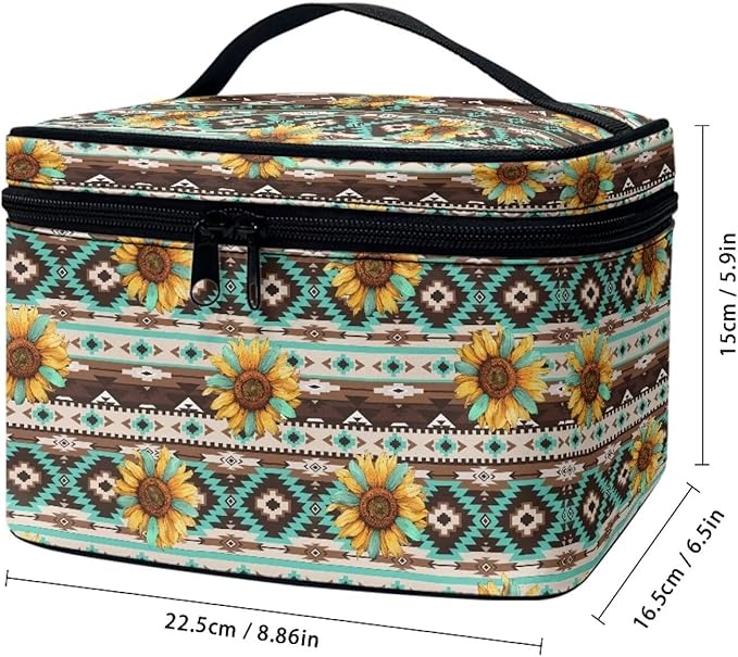 Navajo Aztec Tribal Sunflower Pattern Travel Makeup Bags for Women Portable Tote Cosmetic Case with Carry Handle Toiletry Accessories Storage Organizer Bags