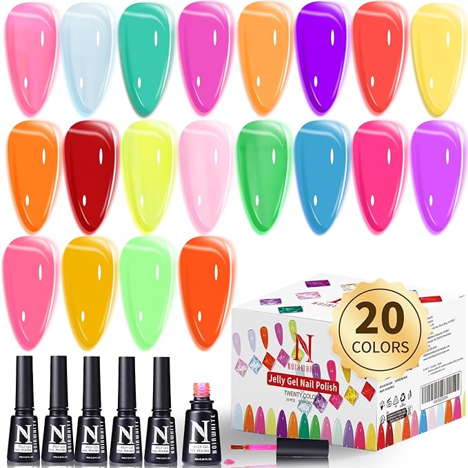 Jelly Gel Polish, 20 Colors Trendy Neon Jelly Gel Nail Polish Kit Glossy Crystal Transparent Gel Polish Nude Pink Purple Green Blue Yellow Red Colors Nail Polish Set Soak Off UV LED