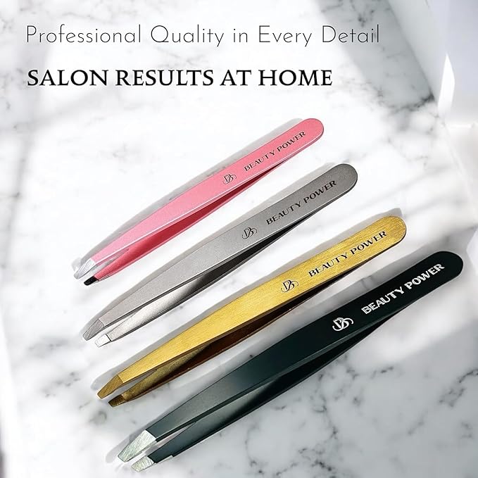 Professional Tweezers in Case - Slant, Durable Lightweight German Stainless Steel, Ultra Precision Tweezers for Eyebrows, Facial Hair, Chin, and Ingrown Hair Removal - Gift (Gold)