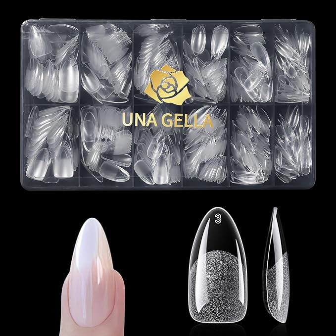 UNA GELLA Almond Gel Nail Tips 600 Pcs Pre Etched Medium Almond Shaped Nails Full Cover Press On Nails 12 Sizes Clear Fake Soft Gel Tips for Flat & Curved Nail Bed Extension Home DIY Salon