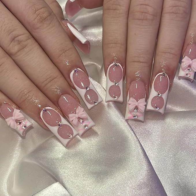 French Tip Press on Nails Fake Nails with French Sweet Pink Bow False Nails Medium Square Nail Cute Pink Press on French Nail Tips Artificial Nails Acrylic Stick on Nails for Women Manicure 24Pcs