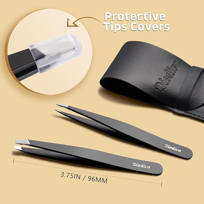 2-Pack Tweezers for Eyebrows, Facial Hair, Ingrown Hair Removal, Slant and Point Tip Tweezer Set for Women and Men, Professional Stainless Steel Precision Eyebrow Plucking Grooming with Case - Black