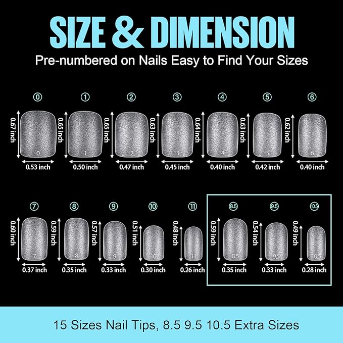 TOMICCA Extra Short Square Nail Tips, 15 Sizes Soft Double-sided Matte Fake Nails for Extensions, 450Pcs Acrylic Pre Shaped Gel Nail Tips for Home DIY Art Women Girls