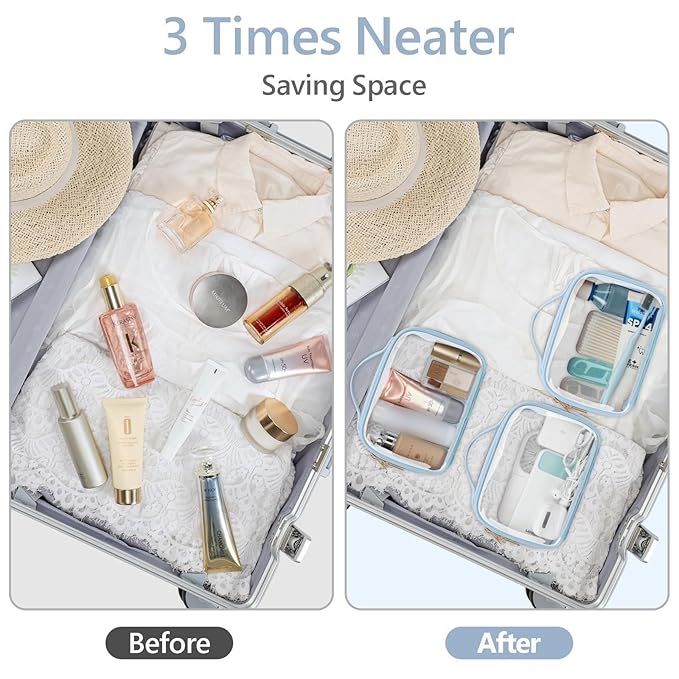 PACKISM Floral Texture Lace TSA Approved Toiletry Bag - 180° Large Opening Clear Makeup Bags in 2 Size, TSA Clear Toiletry Bag with Handle, 0.5 mm Thick Non-deformable No Smell, Blue