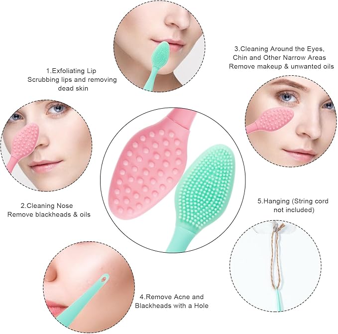 Silicone Face Scrubber Double Side, Beomeen Handheld Facial Cleansing Brush 2 in 1 Face Cleanser Brush for Deep Cleansing and Exfoliating, Blackhead Makeup Removal 2 Pcs