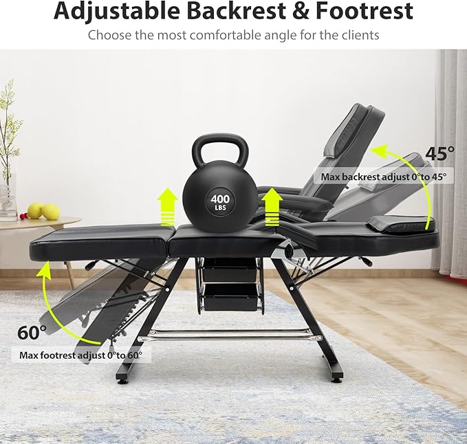 Esthetician Bed for Facial Tattoo Chair with Two Trays Adjustable Folding Salon Bed with Hydraulic Stool Massage Bed for Professional Massage Facial Lash Beauty Treatment Spa, Black