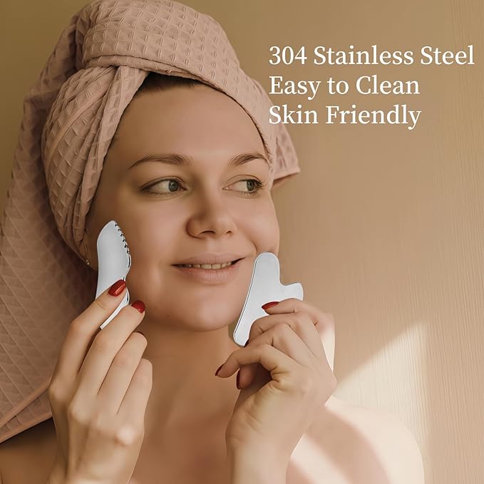 2Pcs Gua Sha Facial Tools Stainless Steel - Lift, Depuff & Glow | Spa-Grade, Travel-Ready, Metal GuaSha Tool for Face, Neck, Body Lymphatic Drainage Massager Natural Skin Care