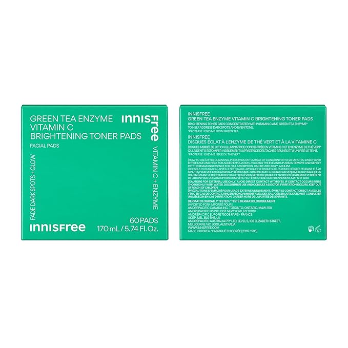 innisfree Green Tea Enzyme Vitamin C Toner Pads, Korean Brightening Face Pads for Dark Spots, Radiance, and Even Skin Tone