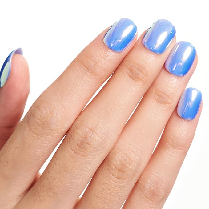 GLAMERMAID Extra Short Press on Nails 24PCS, Handmade Lake Blue Chrome Fall Gel Glue on Nails, Glossy Round Reusable UV Finish Fake Nails Acrylic False Nails Manicure Kits for Women