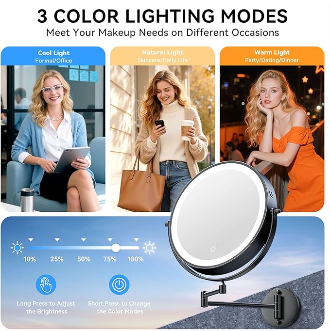 10'' 30X/1X Wall Mounted Lighted Makeup Mirror, 5000mAh Rechargeable Double-Sided Magnifying Mirror with Light, LED Vanity Mirror Touch Dimmable 3 Colors 360ยฐ Rotation Extended Foldable Arm, Black