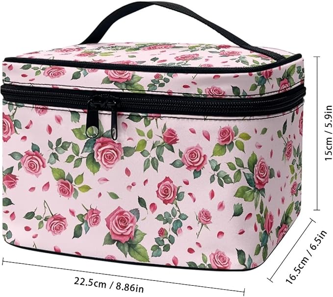 Rose Hearts Valentine's Day Print Travel Makeup Bags for Women Portable Tote Cosmetic Case with Carry Handle Toiletry Accessories Storage Organizer Bags