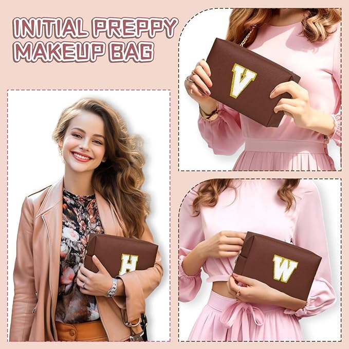 TOPEAST Initial Makeup Bags for Women, Personalized Portable Cosmetic Bag for Travel, Cute Makeup Pouch, PU Leather Waterproof Toiletry Bag, Preppy Things for Girl (Brown V)