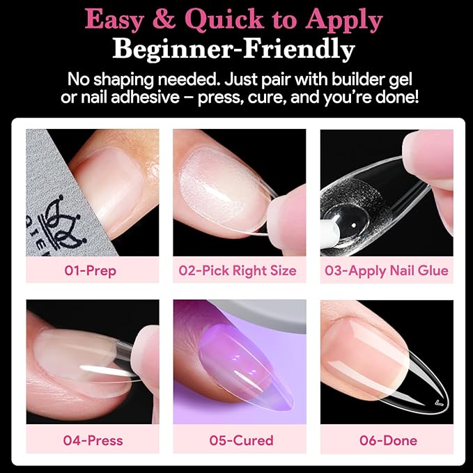 Medium Almond False Nail Tips, 15 Sizes 510 PCS Clear Soft Press On Fake Nail Pre-shaped Half Matte Full Cover Gel Nail Tips Extensions Strong Thick Long Lasting for DIY Beginners& Salon Manicure