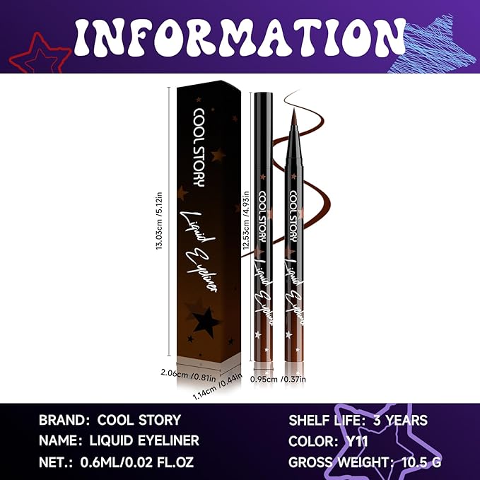 COOL STORY Liquid Eyeliner Waterproof Smudge Proof Eye Liner, 24H Long-Lasting, 0.6ml/0.02 fl.oz Brown