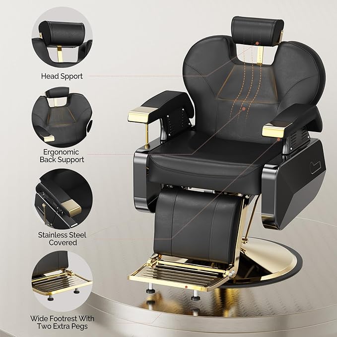 OmySalon All Purpose Hydraulic Barber Chair Recline 360 Degree Swivel Height Adjustable Heavy Duty Hairdresser Chair Beauty Salon Spa Tattoo Styling Barbershop Equipment Gold & Black