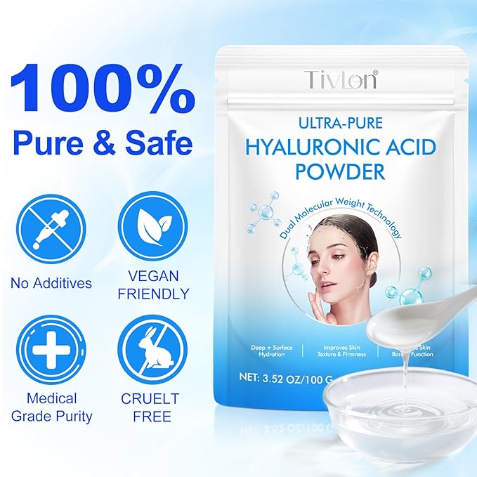 Hyaluronic Acid Powder, Pure Hyaluronic Acid Powder for Skin & Face, Cosmetic Grade, Low Molecular Weight, Water-Soluble DIY Facial Serum for Face Hydration & Moisture (1PCS)