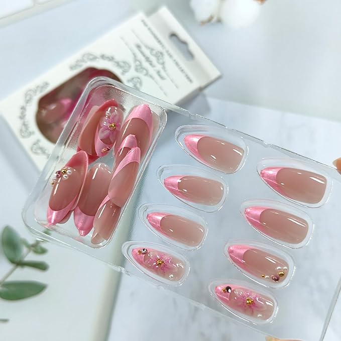 3D Pink Flower Press on Nails French Tip Medium Almond Fake Nails with Pearl Rhinestone Designs Glossy Acrylic False Nail Tips Full Cover Artificial Glue on Nails for Women Manicure Kit