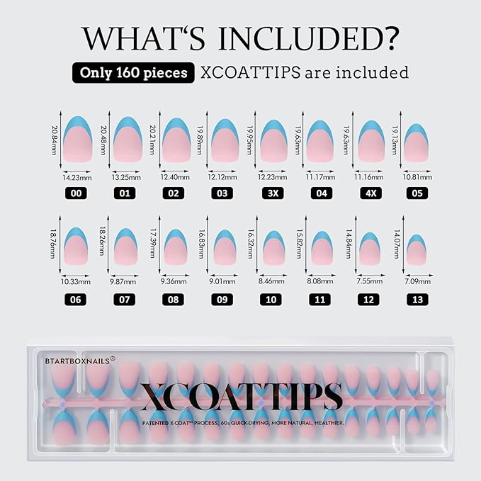 BTArtboxnails XCOATTIPS French Tip Press On Nails - Blue Press On Nails Short, Almond Fake Nail Tips, 160Pcs Soak Off Soft Gel Acrylic Pink Nail Extension in 16 Sizes