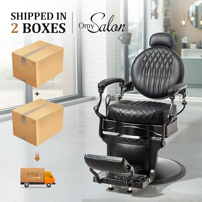 OmySalon Retro Barber Chair Heavy Duty, Aluminum Alloy Frame, Adjustable Headrest, Extra Wide Footrest, Hydraulic Salon Chair for Hair Stylist Reclining All Purpose for Beauty Spa Shampoo, All Black