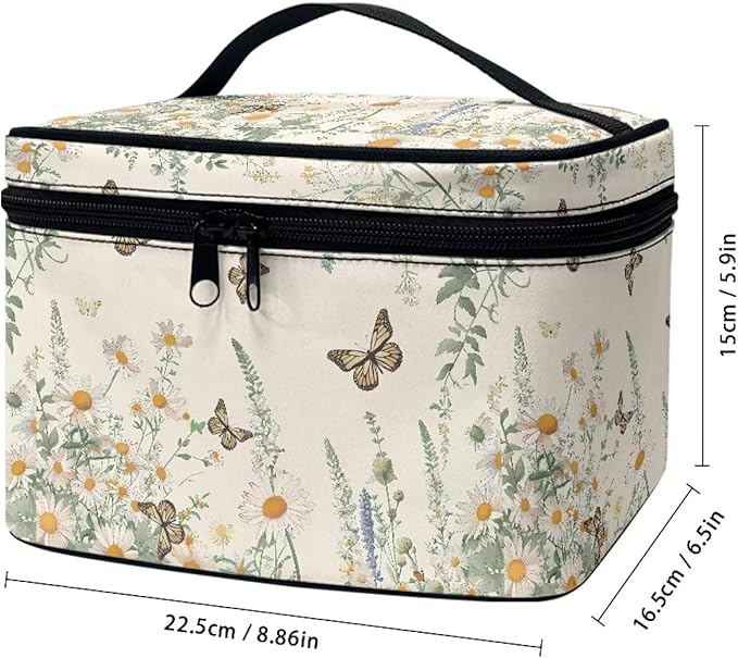 Butterfly Daisy Floral Print Travel Makeup Bags for Women Portable Tote Cosmetic Case with Carry Handle Toiletry Accessories Storage Organizer Bags