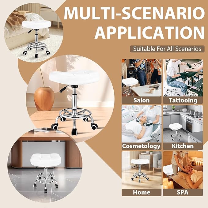 Rolling Stool Wider Rectangular Cushion-Provides a Comfortable, Stable Support Surface with Loop Footrest for Leg Support,Adjustable Stool with Wheels for Salon Tattoo Massage Office Home (White)
