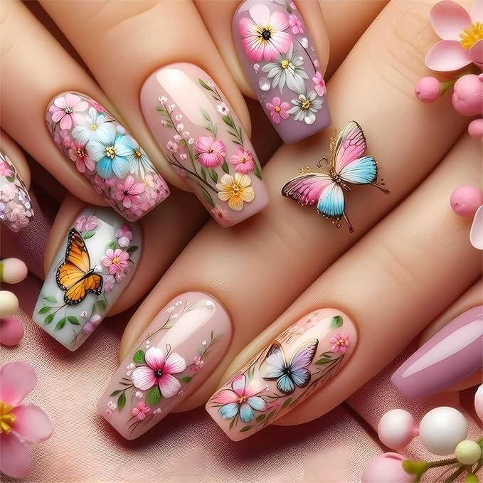 Long Coffin Press on Nails Pink False Nails with Flower Design Full Cover Nails Spring Glue on Nails for Girls