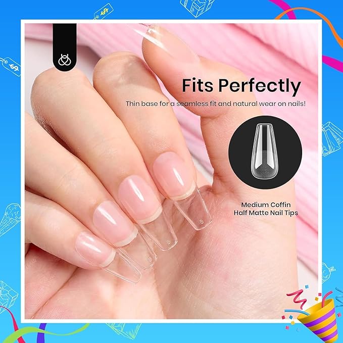 Beetles Gel Nail Tips Medium Coffin Etch X, 12 Sizes 288Pcs Pre Shaped Half Matte Full Cover Press On False Nails for Pastel Acrylic Fake Nail Extensions Kit Salon Manicure Gift for Women