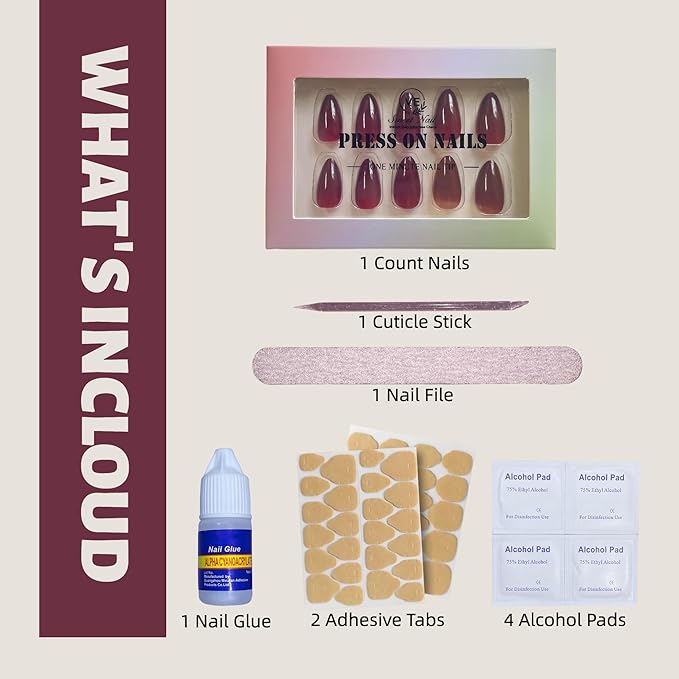 30PCS Short Almond Press-On Nails – Burgundy Fake Nails with 15 Sizes, Soft Back Edge & Durable Tip, No Measuring Needed, Reusable Stick-On Nail Tips for Women