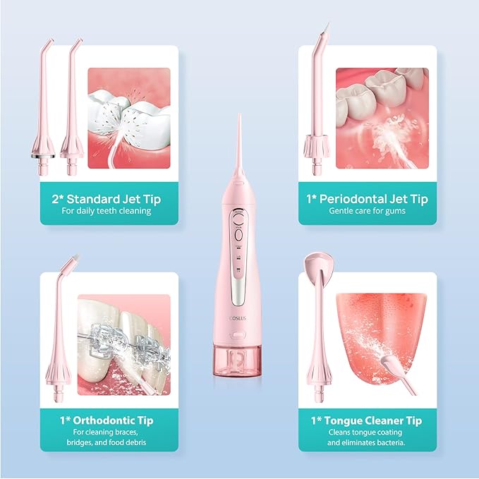 COSLUS Water Dental Flosser Teeth Pick: Portable Cordless Oral Irrigator 300ML Rechargeable Travel Irrigation Cleaner IPX7 Waterproof Electric Flossing Machine for Teeth Cleaning C20(F5020E) Pink