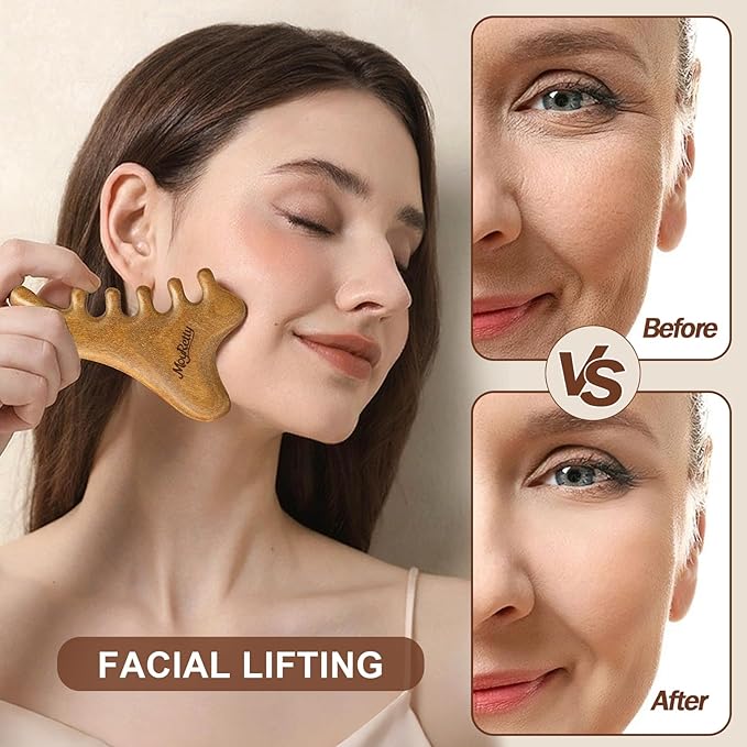 MoyRetty Green Sandalwood Gua Sha Facial Tool(4-in-1), Natural Wooden Face & Body GuashaMassager, Lymphatic Drainage Massage Comb with Storage Pouch, Jawline Shaper