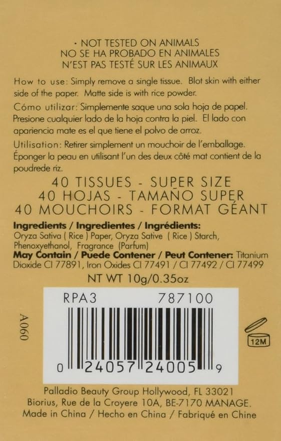 Palladio Rice Paper Facial Tissues for Oily Skin,