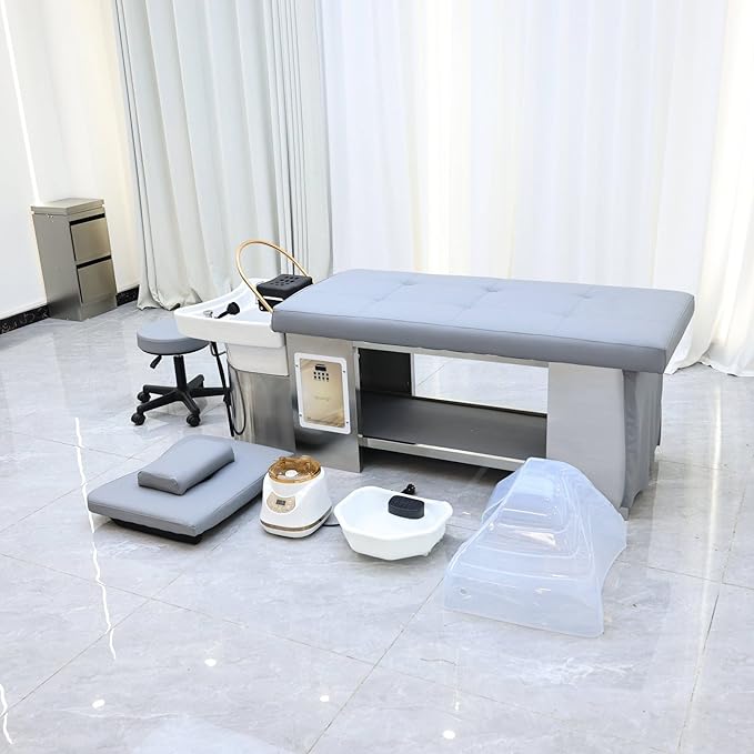 TATARTIST Head Spa Bed with Fumigation Head Therapy Shampoo Bed Water Circulation Massage Shampoo Backwash Unit Spa Hair Salon Equipment (Grey)