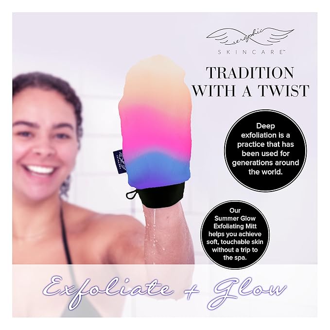 Seraphic Skincare (Summer Glow) Premium Exfoliating Mitt for Body 1pc– 100% Vegan Viscose Traditional Body Scrub Glove Kessa Korean Washcloth – Body Exfoliator for Self-Tan Removal & Keratosis Pilaris