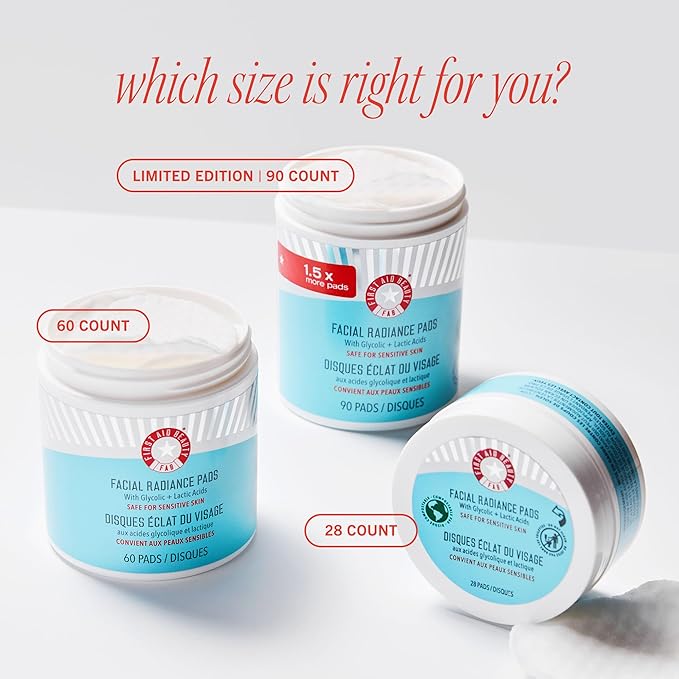 First Aid Beauty - Facial Radiance Pads with Glycolic & Lactic Acids, Daily Exfoliating Pads with AHA, Visibly Smaller Pores, Help Tone & Brighten Skin, One-Step Makeup Prep, Compostable, 28, 3ct