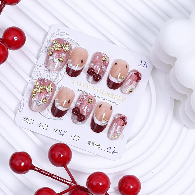 10Pcs Red French Tip Press on Nails Short Christmas Fake Nails 3D Gold Butterfly Gems Cute Acrylic Nail Pearl Bow Rhinestones Design Winter False Nail Handmade Glue on Nails for Christmas Manicure