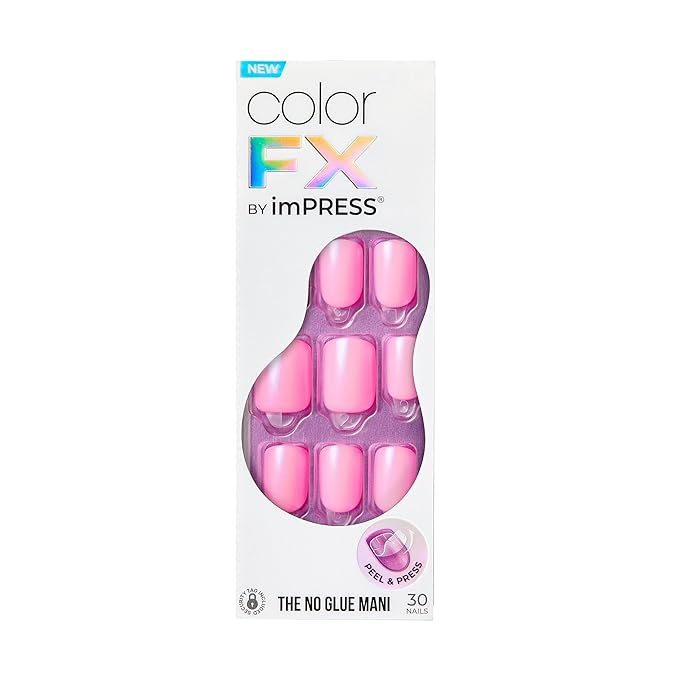 KISS imPRESS No Glue Mani Press On Nails, Color FX, 'Late Night', Light Pink, Short Size, Squoval Shape, Includes 30 Nails, Prep Pad, Instructions Sheet, 1 Manicure Stick, 1 Mini File