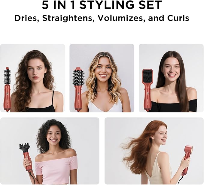 IG INGLAM Blow Dryer Brush Set, 5-in-1 Multi-Styler for Drying, Salon Blowouts, Smooth Curls, Sleek Styles, Ionic Hot Air Brush with Soft Tufts & Nylon Bristles for Frizz-Free Hair, Strawberry Bronze