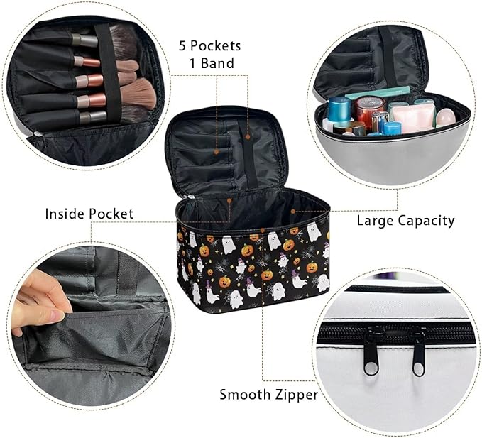 Halloween Travel Makeup Bags for Women Bat Pumpkin Spider Web Pattern Portable Tote Cosmetic Case with Carry Handle Toiletry Accessories Storage Organizer Bags