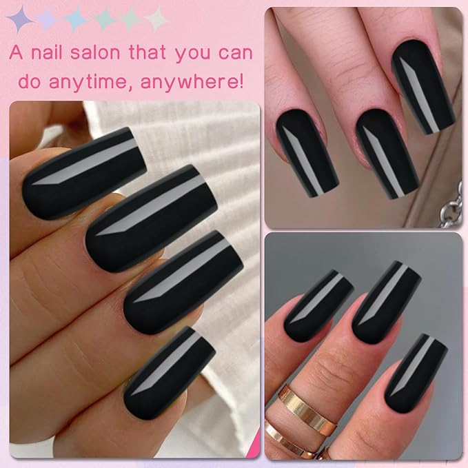 LuckForever Press-on Nails, 240pcs Square Acrylic Full Cover Black, Medium Length False Nails with Glue Adhesive Tabs, for Women & Girls