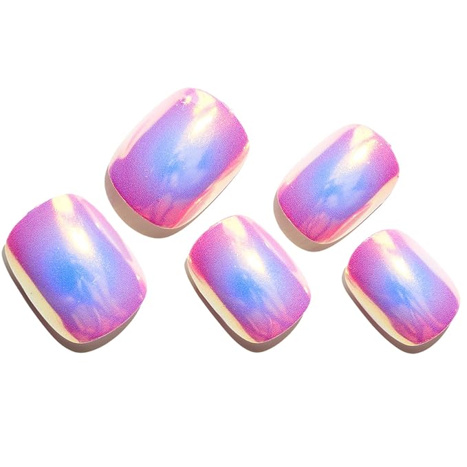 GLAMERMAID Extra Short Press on Nails 24PCS, Pink Blue Aurora Chrome Fall Gel Glue on Nails, Glossy Round Reusable UV Finish Fake Nails Acrylic False Nails Manicure Kits for Women