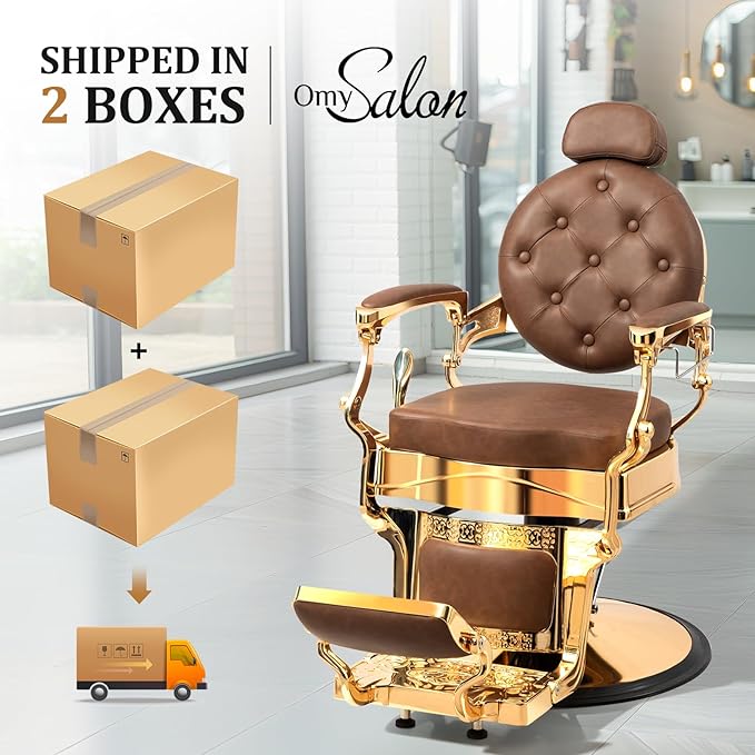 OmySalon Retro Barber Chair Heavy Duty, Aluminum Alloy Frame, Adjustable Headrest, Extra Wide Footrest, Hydraulic Salon Chair for Hair Stylist Reclining All Purpose for Beauty Spa Shampoo, Brown Gold