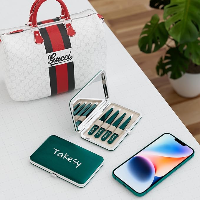 Upgraded Sharp Precision Tweezers for Facial Hair & Chin Hair, Slanted Design for Women & Men Eyebrow Plucker, Great with Travel Mirror Case (Green)