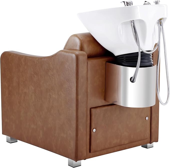 BarberPub Backwash Shampoo Station Chair, Adjustable Porcelain Ceramic Hair Wash Bowl with Chair, Shampoo Station for Barber Shop, Spa Beauty Salon Equipment 9364 (Brown)
