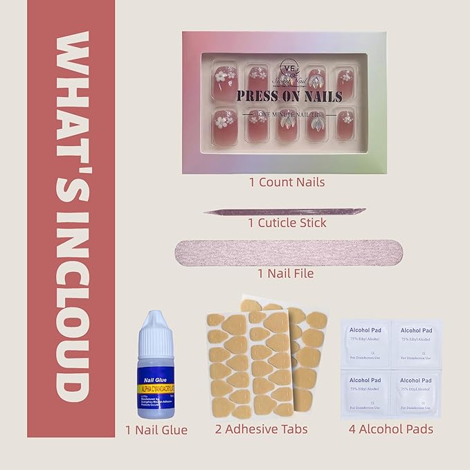 Tomato Red Short Squoval Press on Nails 30pcs with 3D Floral Design, Soft Fit Back, Durable Front Edge, Reusable Full Cover Fake Nails for Daily, Party, Wedding