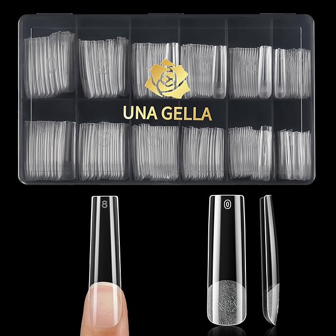 UNA GELLA Extra Long Tapered Sqaure Nail Tips, No C Curve Pre-file 120Pcs Square Press on Nails XXL Long Square Gel Nail Tips Full Cover Acrylic Straight for Nails Extension Art DIY Salon 12 Sizes