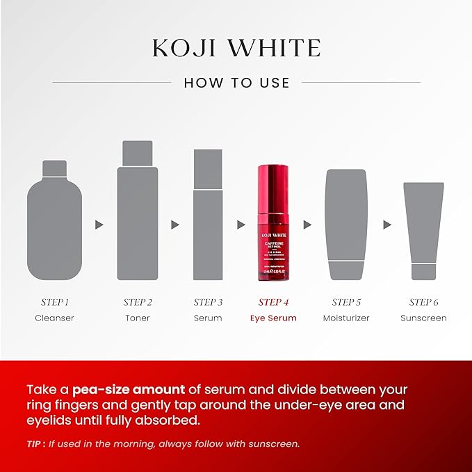 Koji White 3% Caffeine Eye Serum with 0.2% Retinol, Peptides, Hyaluronic Acid & Vitamin C for Puffiness & Dark Circles - Unscented, Vegan, Fragrance-Free 15 ML (0.50 Fl Oz)