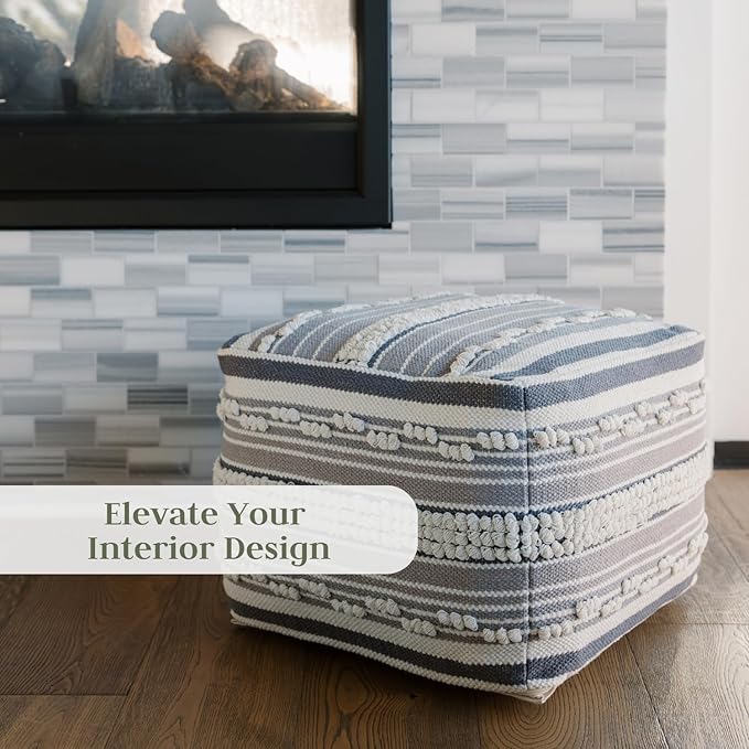 CG Hunter, Pouf Ottoman, Square Hand Woven Loop and Striped Ottoman Pouf for Living Room or Bedroom, Floor Chair, Foot Rest or Decorative Home Decor