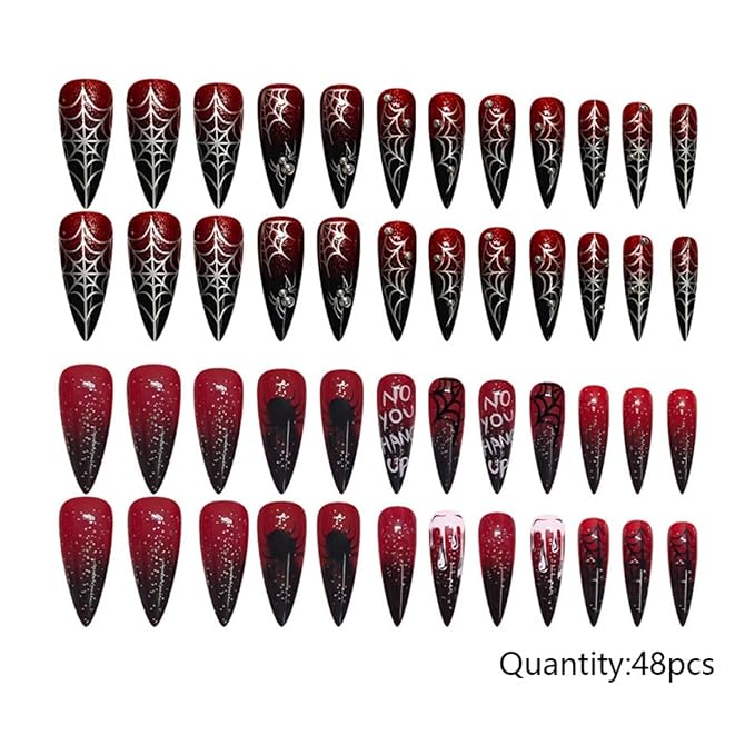 48Pcs Halloween Press on Nails Long Stiletto Fake Nails Spider-Web False Nails with Self-Adhesive Jelly Nail Glue Tabs,Red Artificial Nails Almond Acrylic Full Cover Stick on nails for Women Manicure
