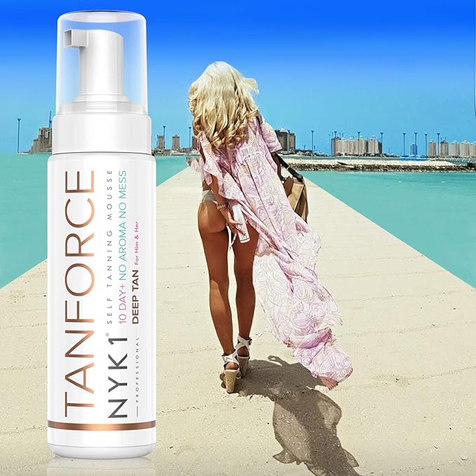 NYK1 Tan Force Sunless Self Tanning Mousse with MegaMitt Tanning Mitt - Salon Quality Streak Free Self Bake Tan Foam Tanning Oil Self Tanner - Natural Look Dry Golden Bronzer Cream - 250ml